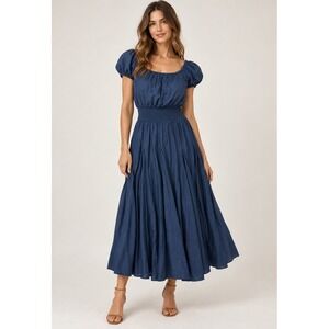 INC Navy Blue Smocked Waist Puff Sleeve 100% Cotton Midi Dress, XS
